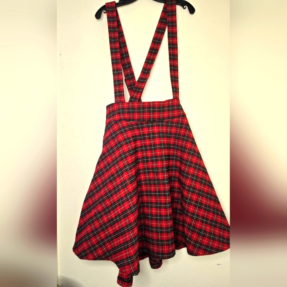 Plaid Red Skirt with Suspenders